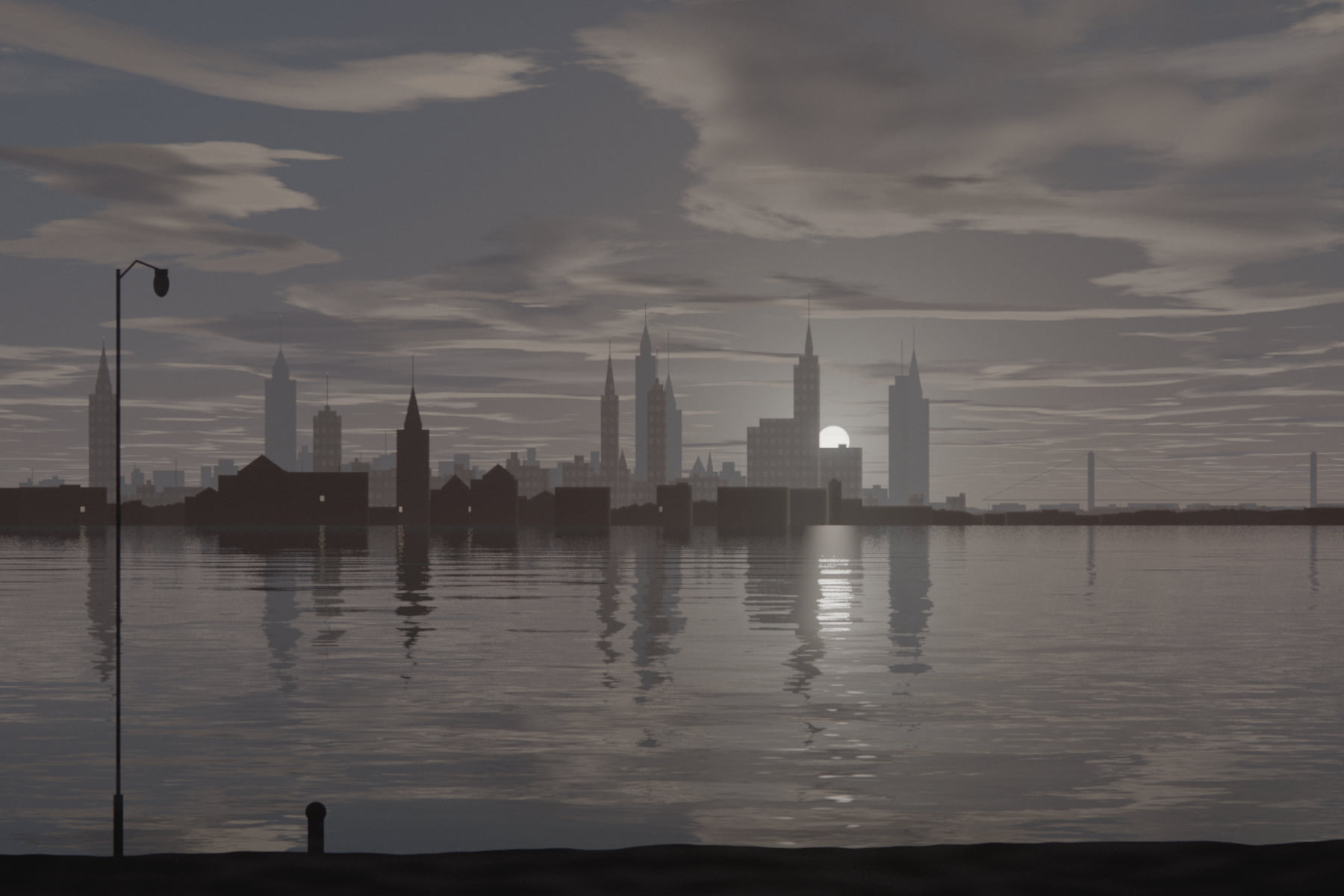 A city skyline across a river at sunset