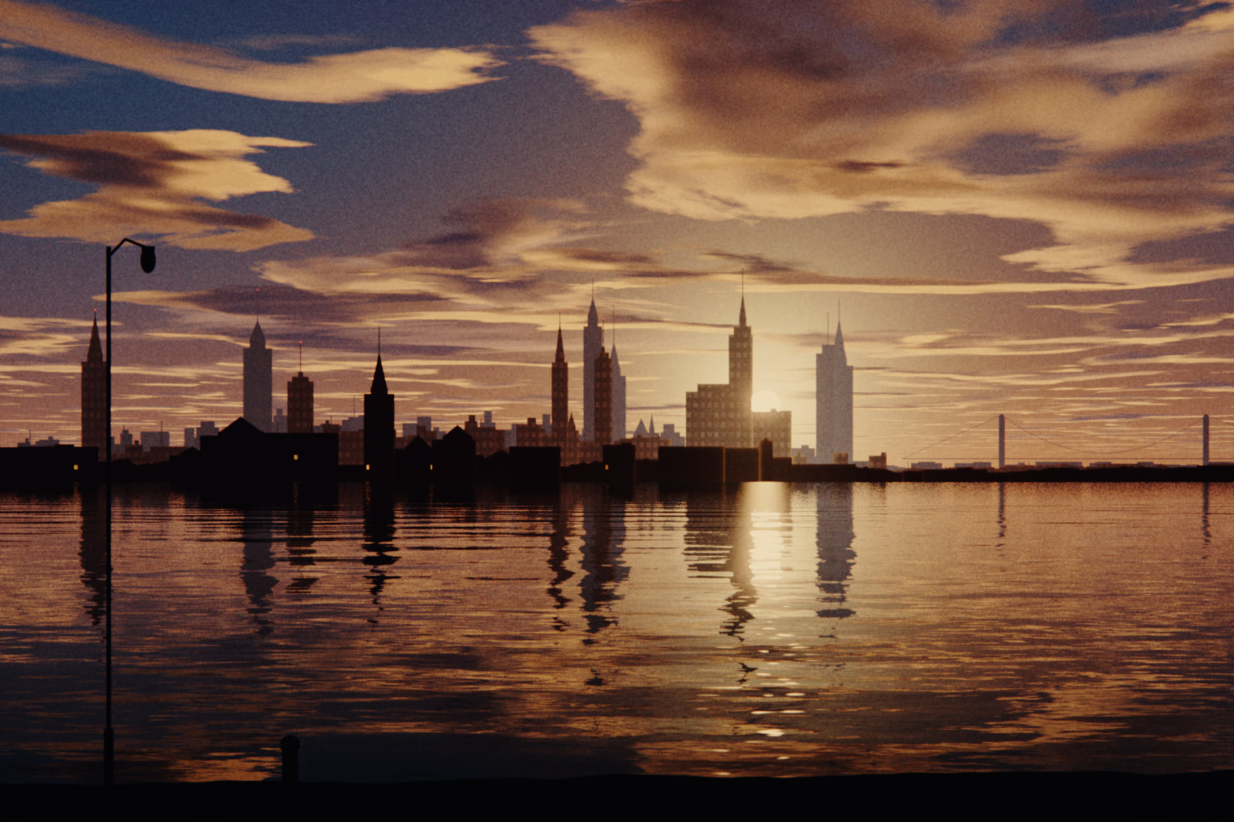 A city skyline across a river at sunset